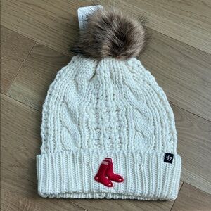 47 Cream Cable Knit Beanie with Red Sox Patch and Faux Fur Pom - Womens